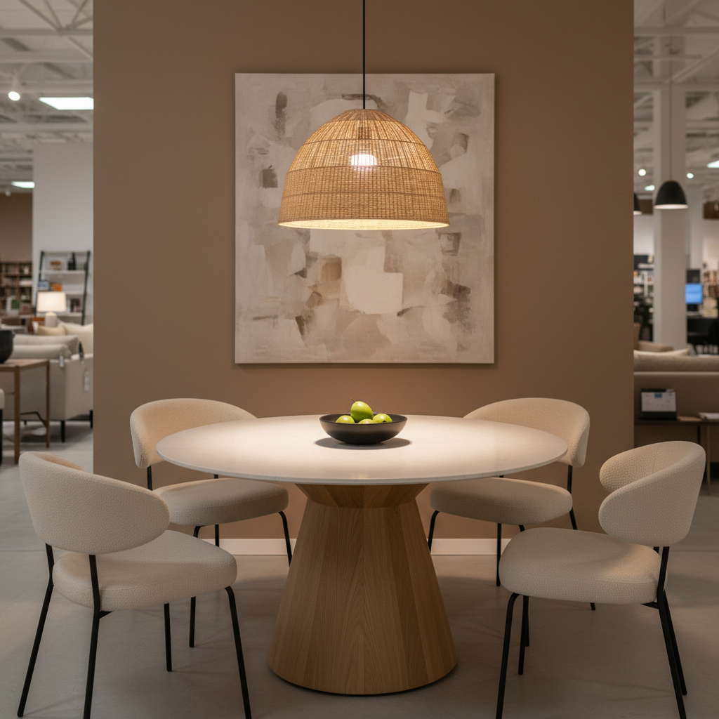 A designer showroom dining nook featuring a round pedestal dining table with a white stone composite top and sculpted oak base, paired with four boucle-upholstered chairs in warm ivory with curved backs and black metal legs. Centered above, a large woven natural-fiber pendant light casts a soft, diffused glow, creating a warm pool of light on the tabletop where a simple black ceramic bowl holds green pears. The backdrop is a smooth, clay-colored accent wall with a single, oversized abstract canvas in tonal neutrals. Photographic realism, shot from a slightly elevated angle to showcase the circular composition and symmetry, with a shallow depth of field that keeps the table set in sharp focus while softly blurring the refined showroom environment beyond.