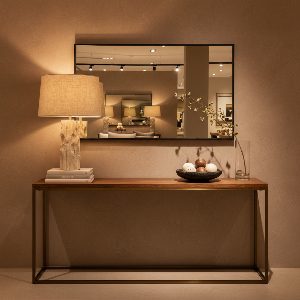 A sophisticated console styling vignette in a furniture showroom entry, featuring a long, narrow console table with a dark-stained oak top and slender bronze frame, set against a textured plaster wall in warm taupe. On the console, a tall, sculptural table lamp with a stone base and linen shade casts a soft halo of light, illuminating a stacked arrangement of neutral-toned books, a shallow black stone bowl filled with decorative orbs, and a minimalist glass vase with a single long-stemmed branch. Above, an elongated rectangular mirror with a thin black frame reflects a hint of the showroom beyond. Photographic realism with warm, focused lighting and gentle shadows, composed using the rule of thirds for an elegant, balanced look.