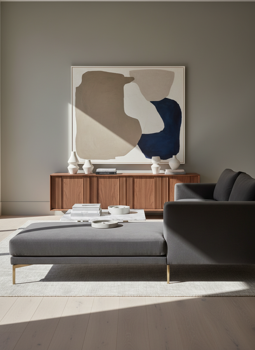 A sophisticated contemporary living room showroom vignette featuring a low-profile, charcoal gray velvet sectional sofa with clean lines and brushed brass legs, paired with a rectangular white marble coffee table with subtle gray veining. Behind, a tall walnut media console with fluted doors is styled with sculptural ceramic vases and art books. Large abstract canvas art in muted taupe, cream, and ink blue hangs on a soft greige wall. Natural afternoon light streams through unseen floor‑to‑ceiling windows, casting gentle shadows across a pale oak floor and textured wool rug. Photographic realism, eye-level composition with a slightly wide angle, sharp focus throughout, creating an inviting yet elevated atmosphere that conveys a full-room design concept for a designer furniture store homepage hero image.