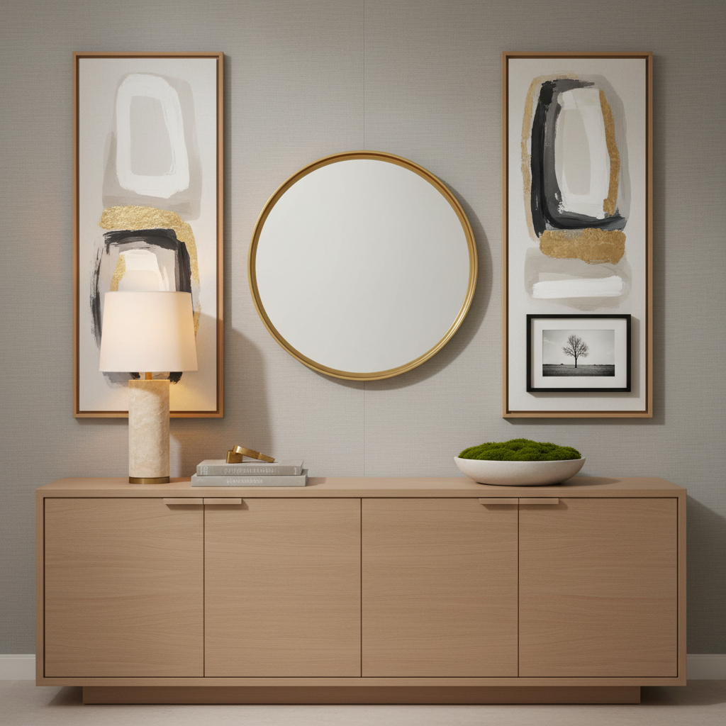 A refined showroom display of coordinated art and mirrors arranged on a soft greige feature wall above a slim console credenza in light oak with hidden pulls. The arrangement includes an oversized round brass-framed mirror, a pair of vertically oriented abstract prints in ivory, charcoal, and muted gold, and a minimalist black-and-white photograph in a thin black frame. On the console surface, layered decor includes a tall travertine table lamp, stacked coffee table books, and a low, wide ceramic bowl with moss. Photographic realism with balanced, indirect lighting that creates subtle reflections in the mirror and gentle shadows under objects. Straight-on, eye-level composition with crisp detail throughout, conveying a curated, designer eye for mixing art and furniture to complete an interior.